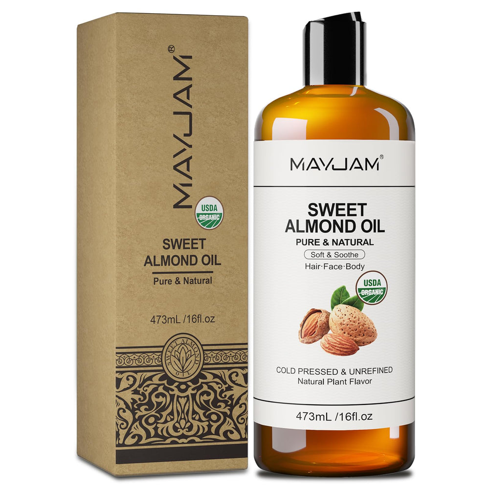 MAYJAM Sweet Almond Oil bottle side, versatile skin and hair hydrator.