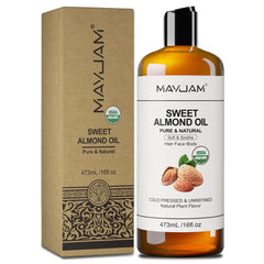 MAYJAM Sweet Almond Oil bottle side, versatile skin and hair hydrator.