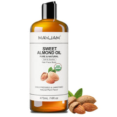 MAYJAM Sweet Almond Oil pour demonstrates easy absorption for daily skincare.