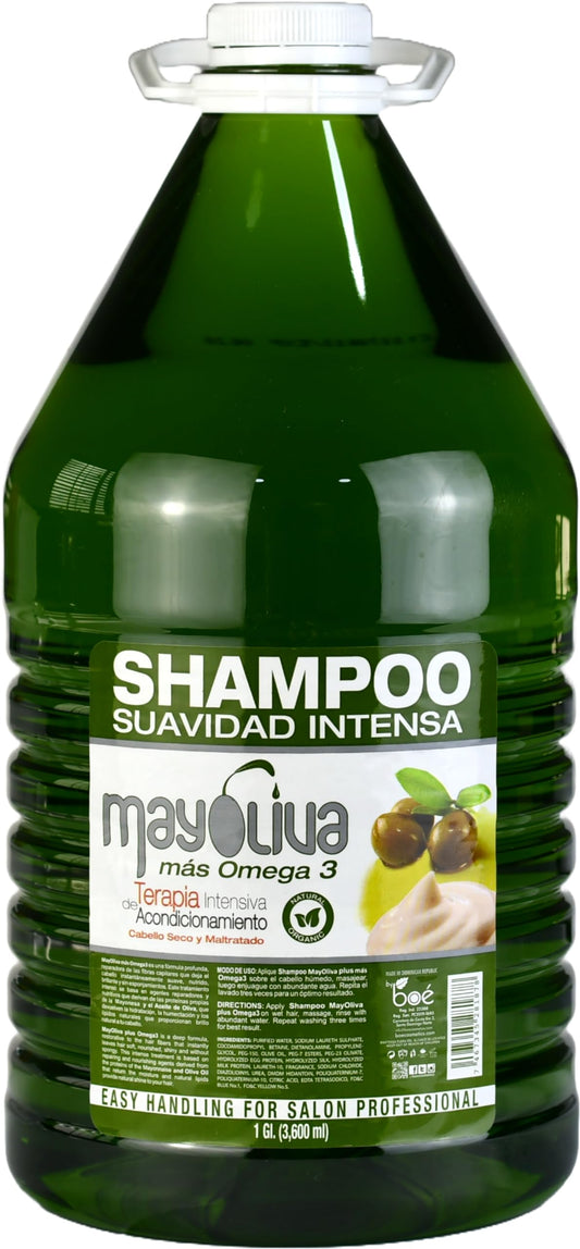 Mayoliva Shampoo Plus with Omega 3 bottle pour highlights deep moisture for dry, damaged hair