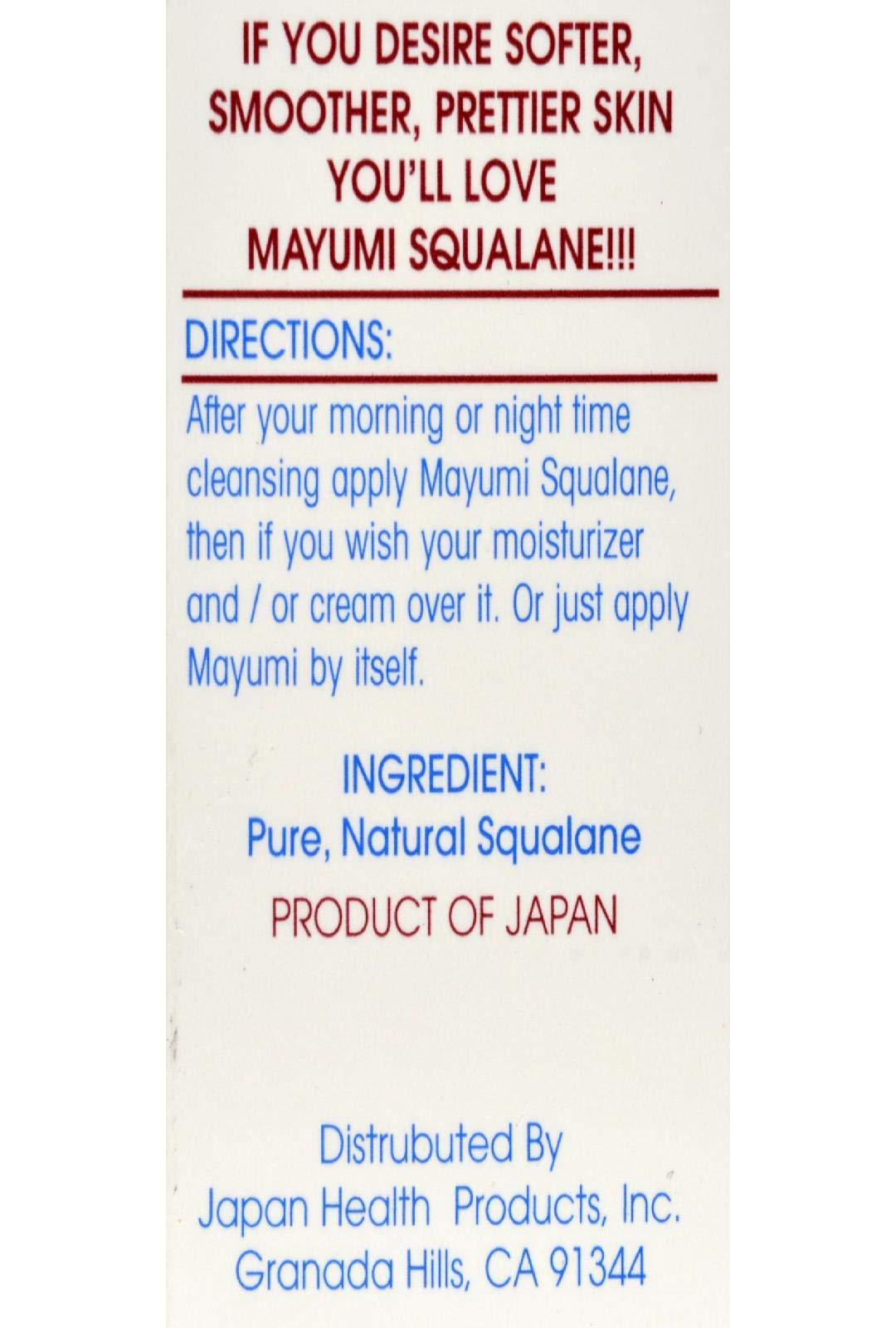 Mayumi Squalane Skin Oil packaging highlights compatibility with natural oils.