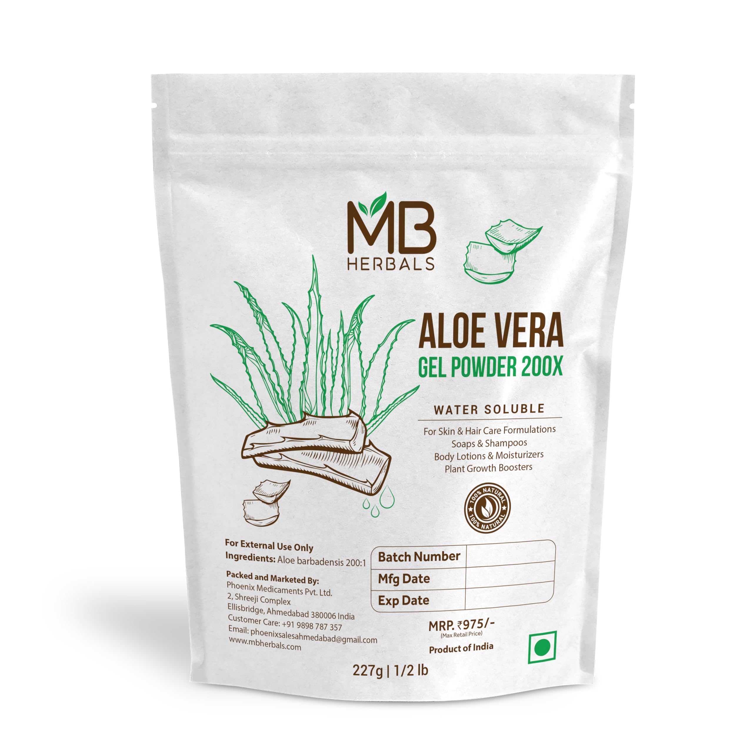 MB Herbals Aloe Vera Gel Powder 200X bottle pour demonstrates fast hydration for skincare routines.