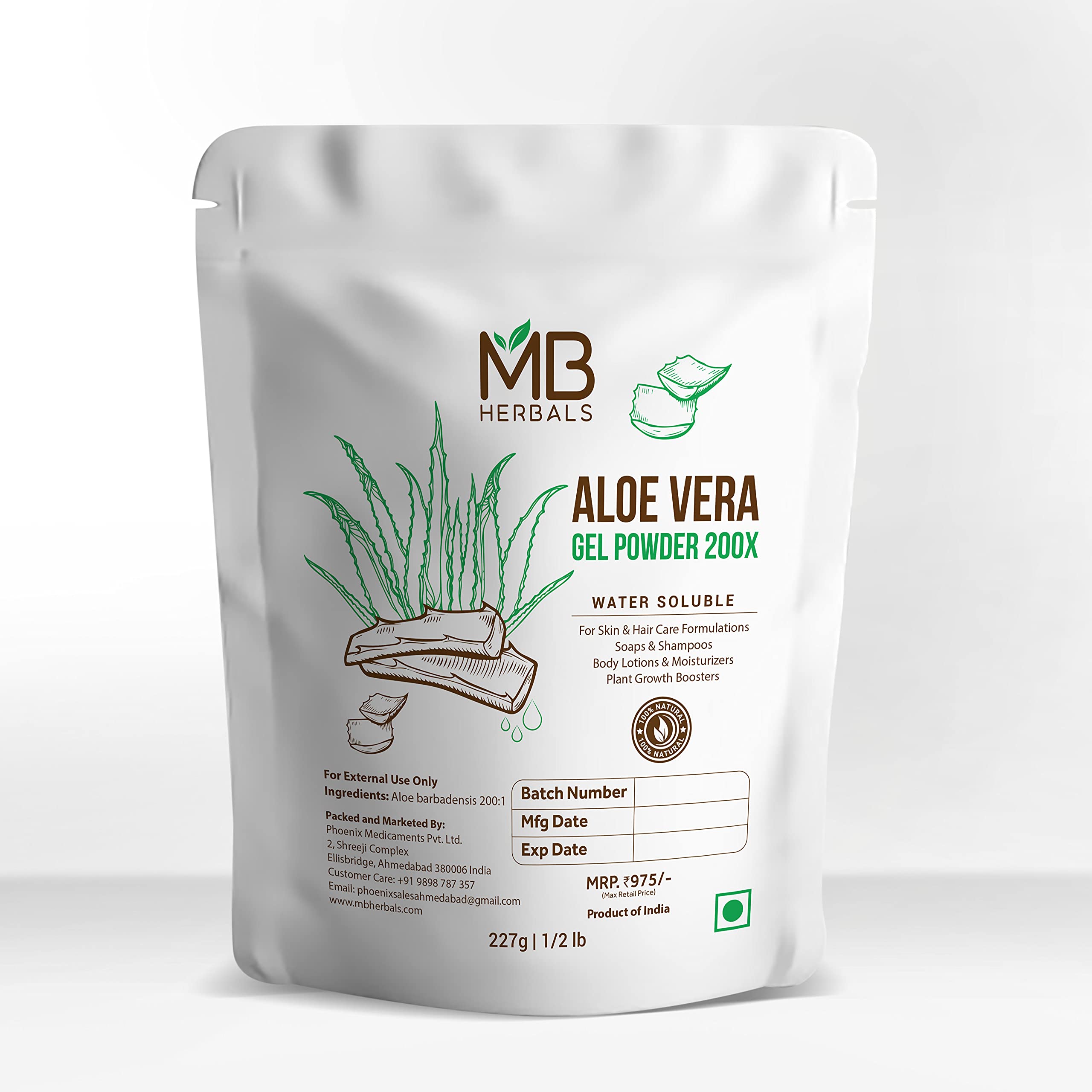 MB Herbals Aloe Vera Gel Powder 200X powder bowl highlights versatile ready-to-use formula for hair and face.