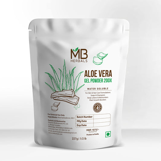 MB Herbals Aloe Vera Gel Powder 200X powder bowl highlights versatile ready-to-use formula for hair and face.