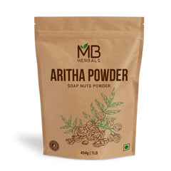 MB Herbals Aritha Powder jar illustrating pure, natural cleanser for hair and body.