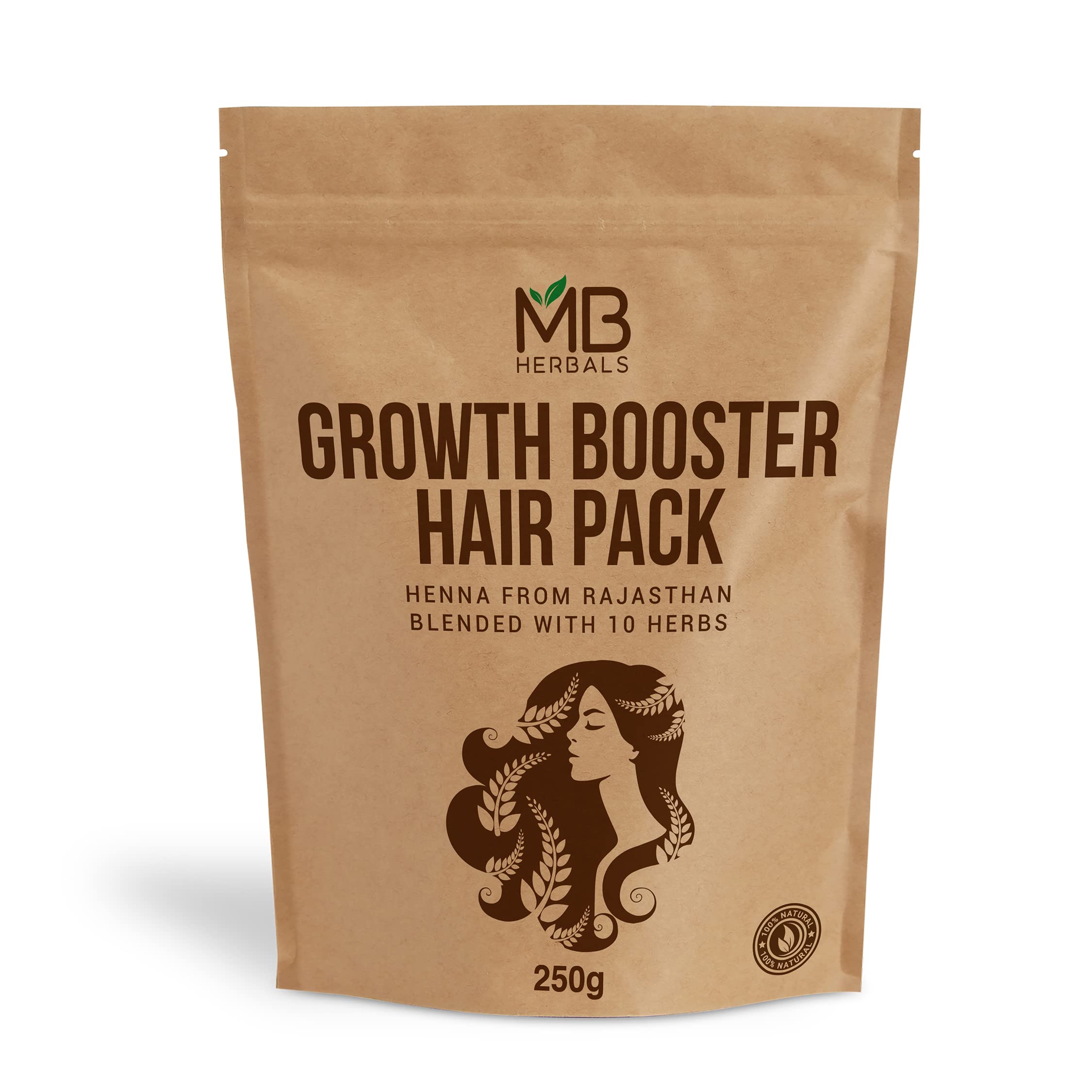 MB Herbals Growth Booster Hair Pack powder jar with herbal blend for nourished hair.