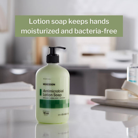 McKesson antimicrobial lotion hand soap aloe gel provides gentle cleansing and softness.