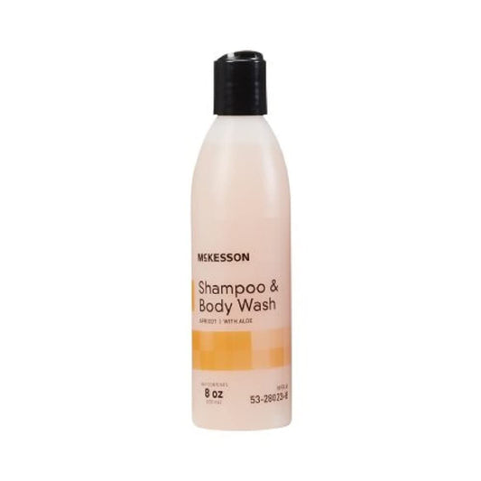 McKesson shampoo and body wash bottles, pack of three, for daily cleansing of hair and skin.