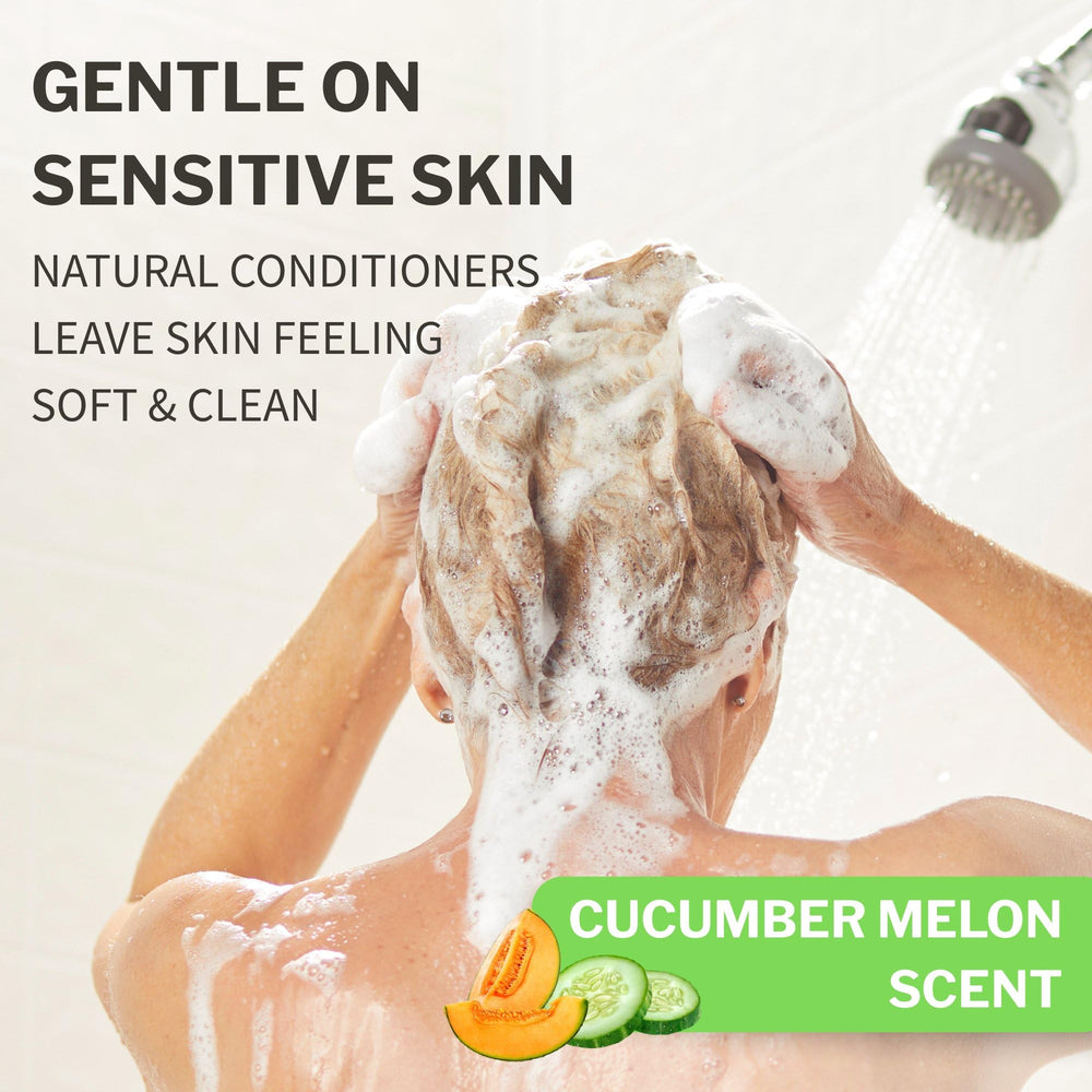 Two-in-one application shot showing McKesson body wash and shampoo saves time