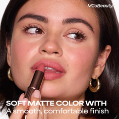 Packaging image shows vegan and cruelty-free branding for MCoBeauty lipstick.