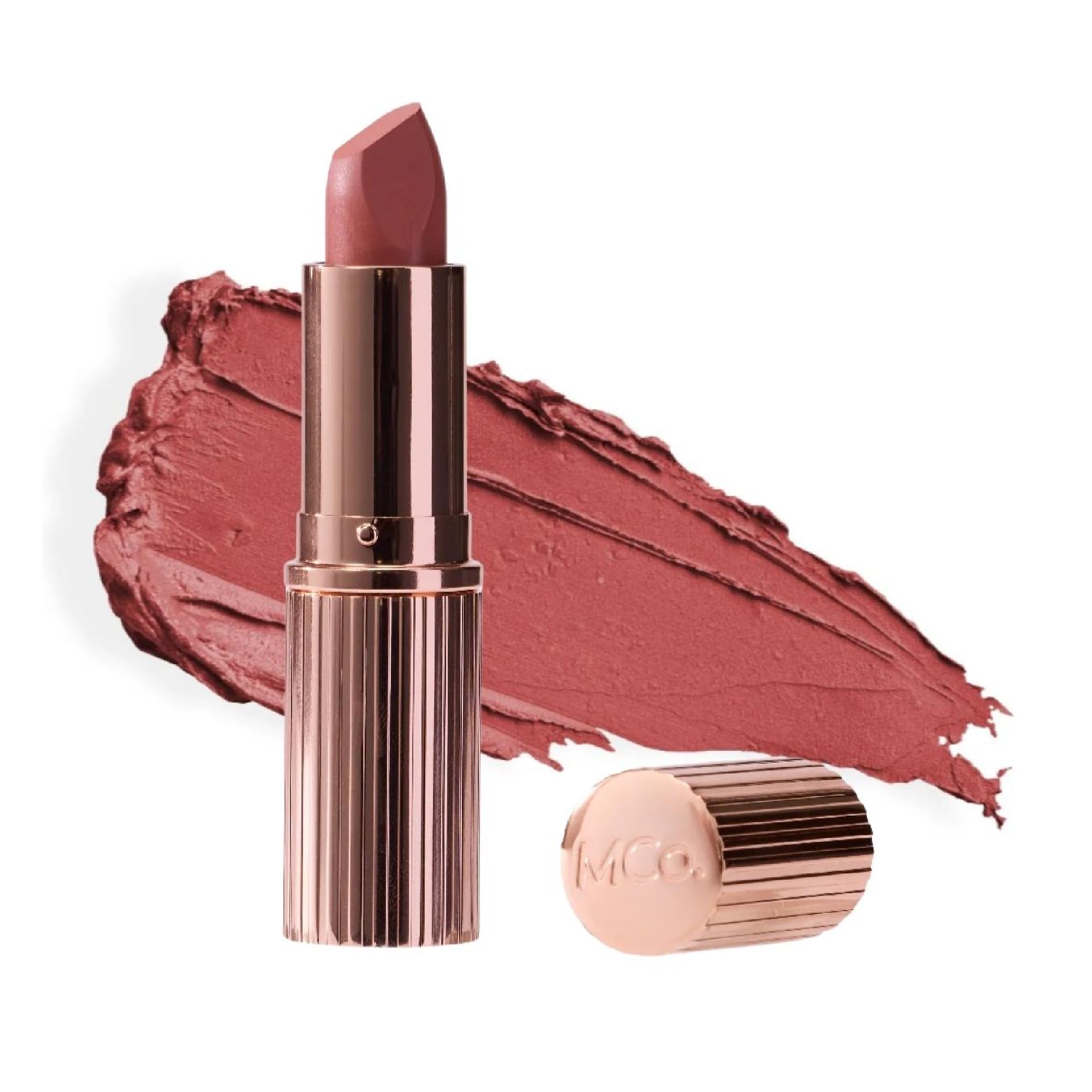 MCoBeauty Crème Matte Luxe Lipstick Cheeky Chat swatch shows nude pink color for daily wear.