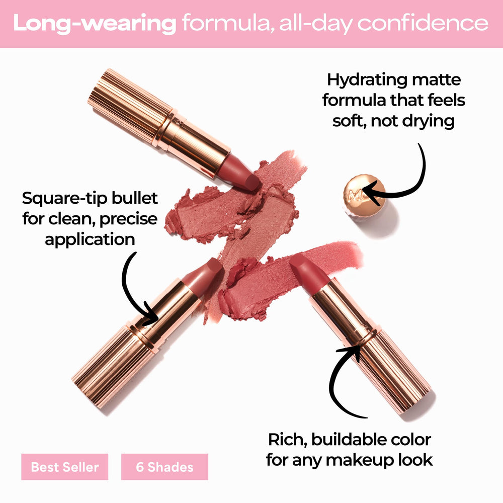 Close-up of square bullet highlights precise lip lining with Cheeky Chat.