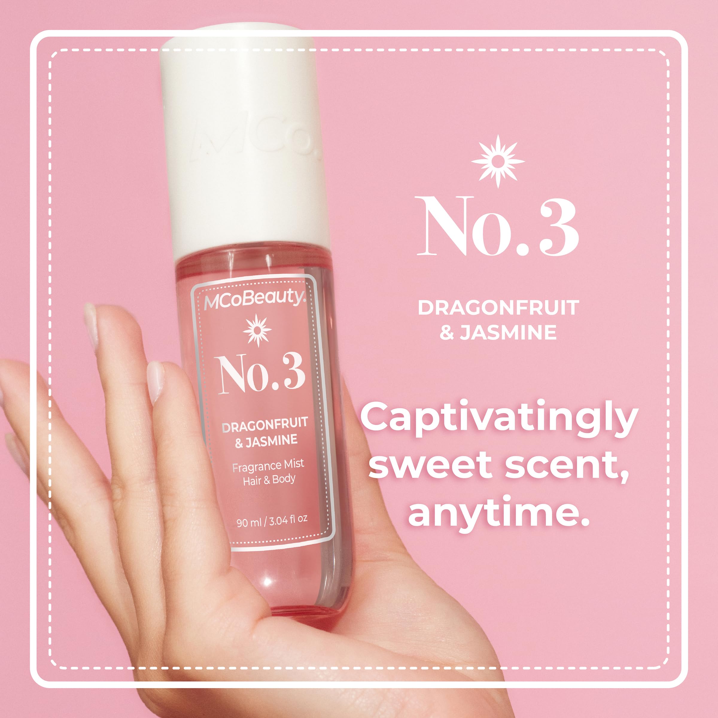 MCoBeauty Fragrance Mist No.3 ingredients label emphasizes transparency and branding.