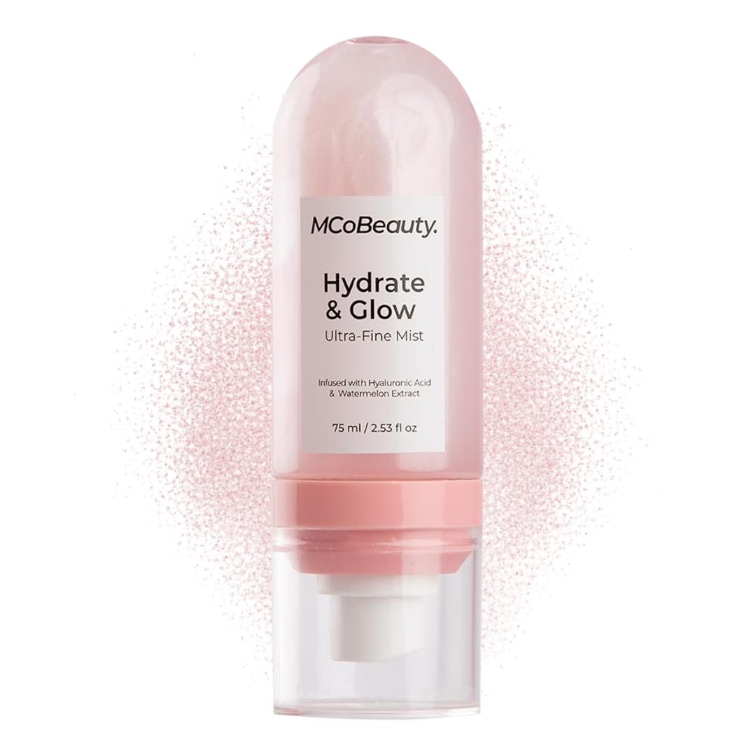 MCoBeauty Hydrate & Glow mist bottle close-up with watermelon scent for radiant skin.