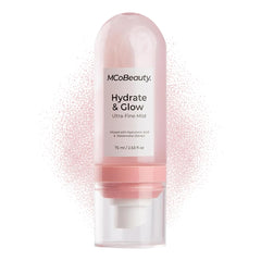 MCoBeauty Hydrate & Glow mist bottle close-up with watermelon scent for radiant skin.