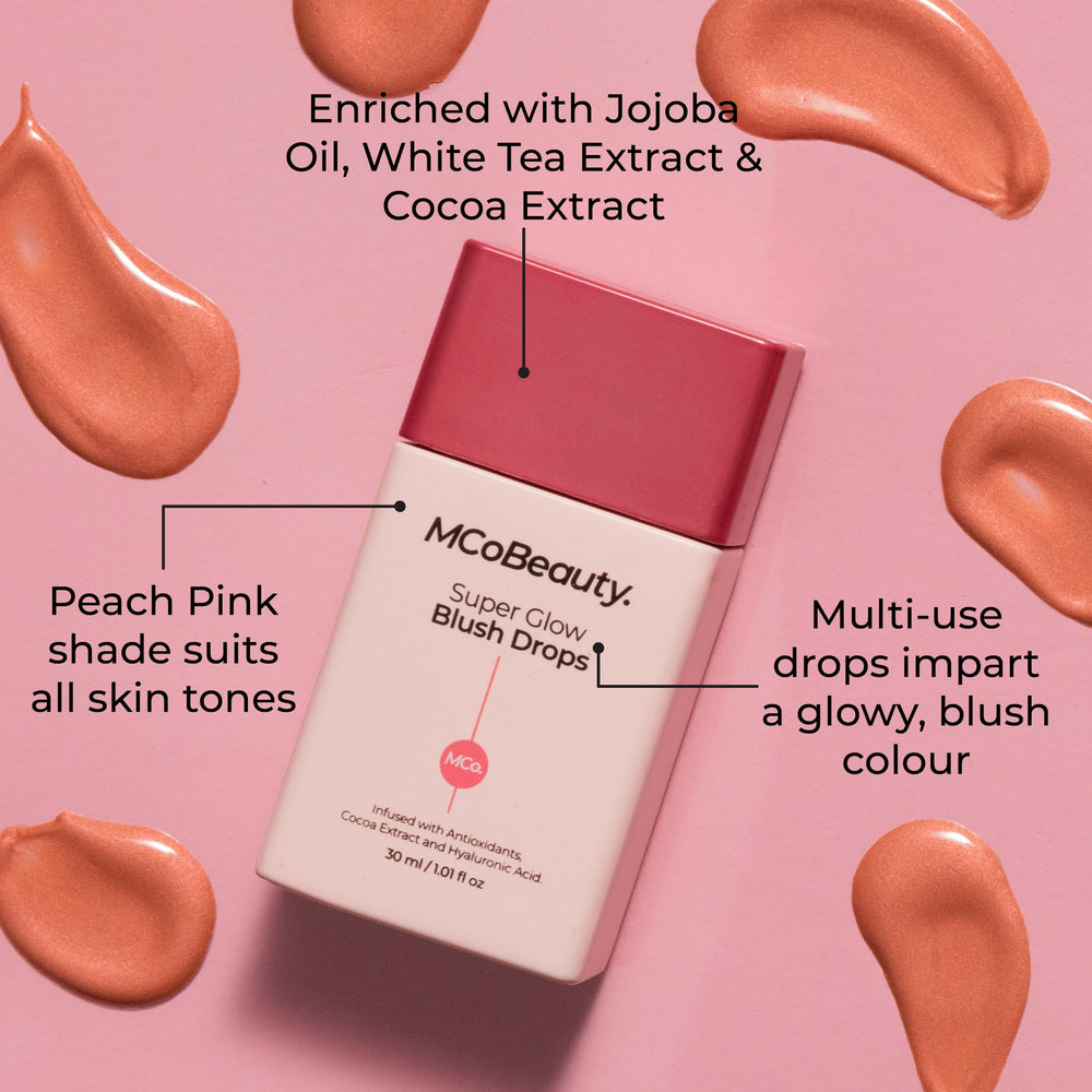 MCoBeauty Super Glow Blush Drops layered over makeup for extra luminosity