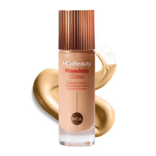 MCoBeauty Flawless Glow bottle close-up showing luminous base finish for radiant skin.