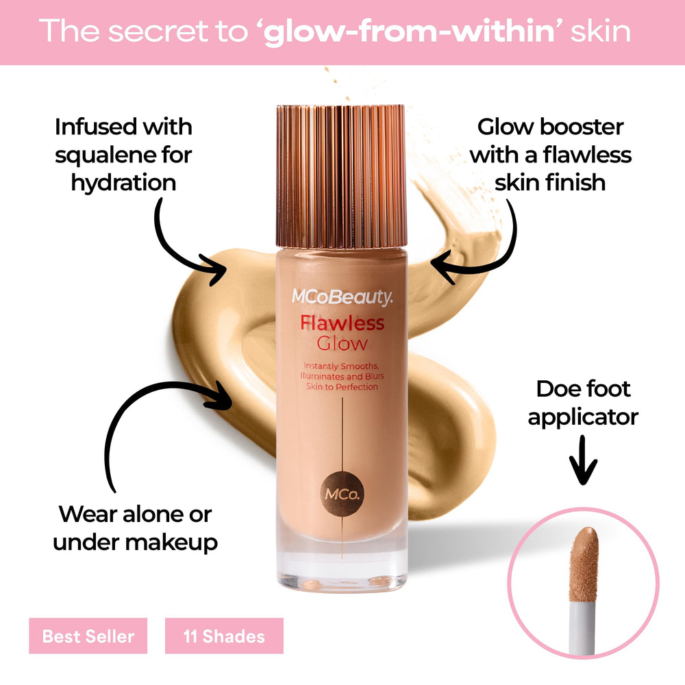 MCoBeauty Flawless Glow texture swatch demonstrates buildable light coverage.