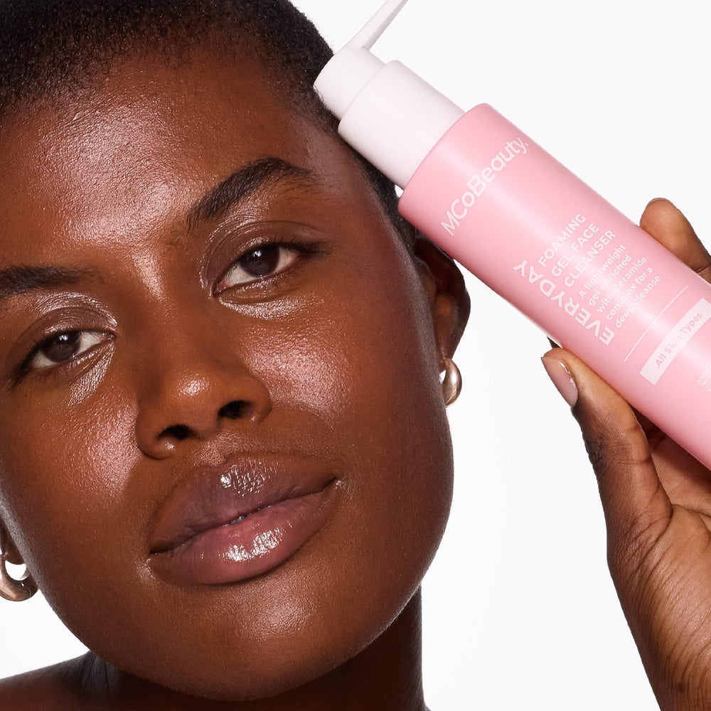MCoBeauty foamy-lather close-up shows gentle cleansing for sensitive skin.