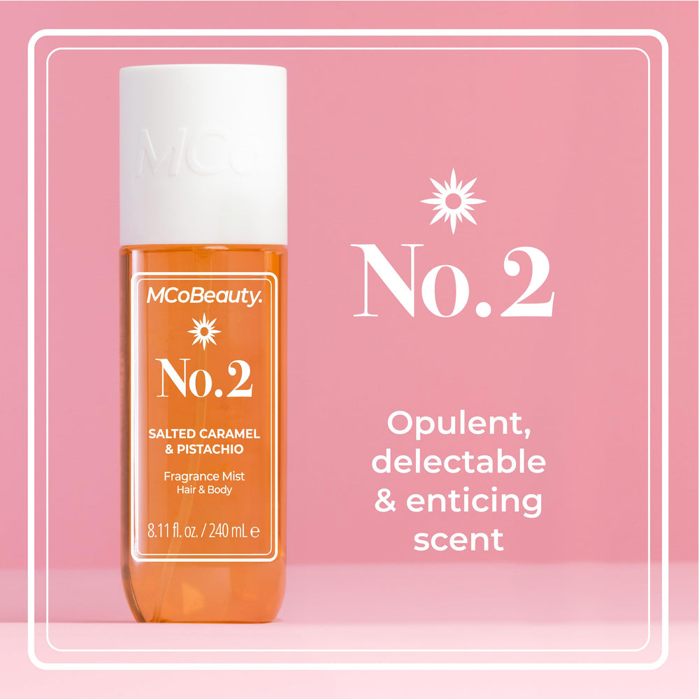 MCoBeauty Fragrance Mist No.2 caramel-sandalwood blend in elegant spray bottle.