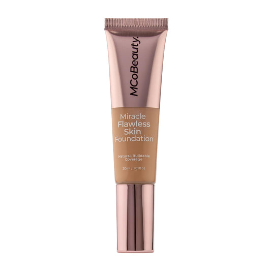 Foundation texture swatch on hand showing buildable medium coverage and radiant glow.
