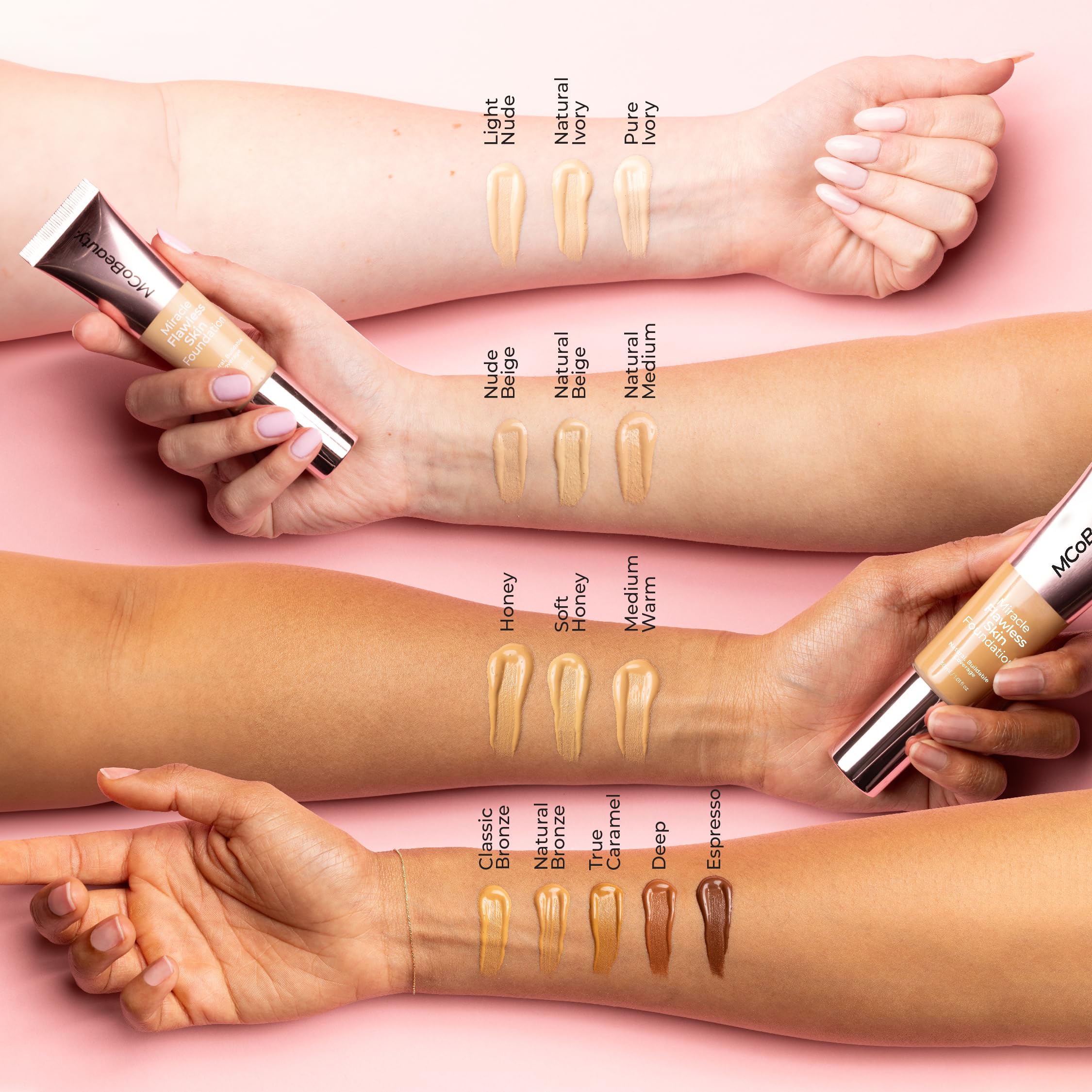 MCoBeauty foundation on cheek with blush for natural glow