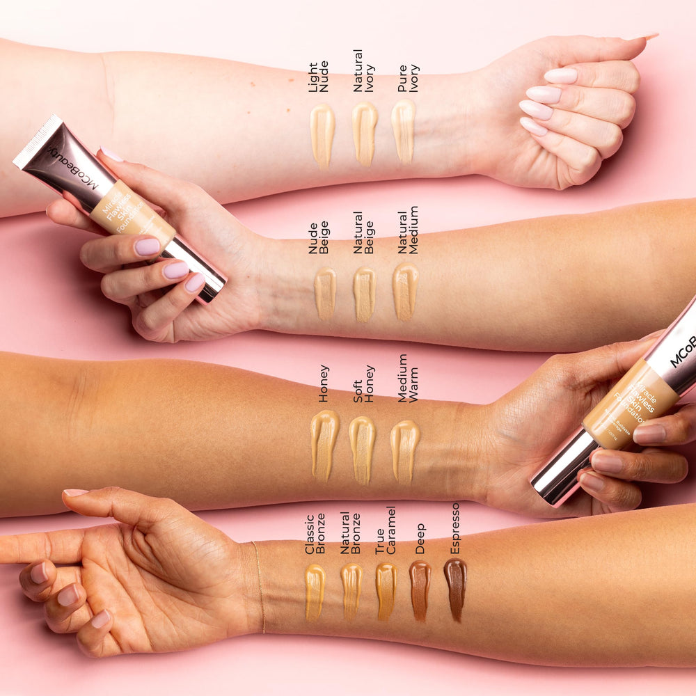 MCoBeauty foundation on cheek with blush for natural glow