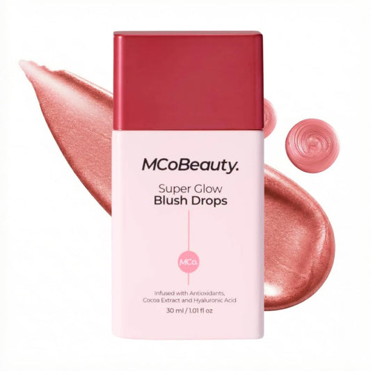 MCoBeauty Super Glow Blush Drops bottle with rose pink shimmer for radiant cheeks.