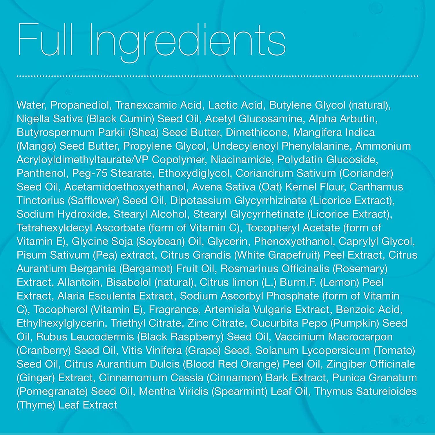MD Complete ingredients closeup shows licorice, alpha arbutin and antioxidants