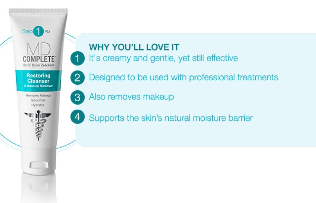 Applying MD Complete Restoring Cleanser to cleanse and calm the skin.