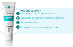 Applying MD Complete Restoring Cleanser to cleanse and calm the skin.