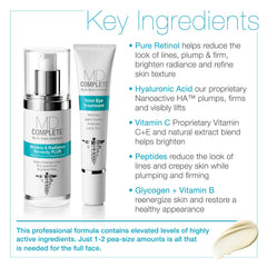 MD Complete Total Eye Treatment bottle closeup emphasizing hyaluronic acid hydration