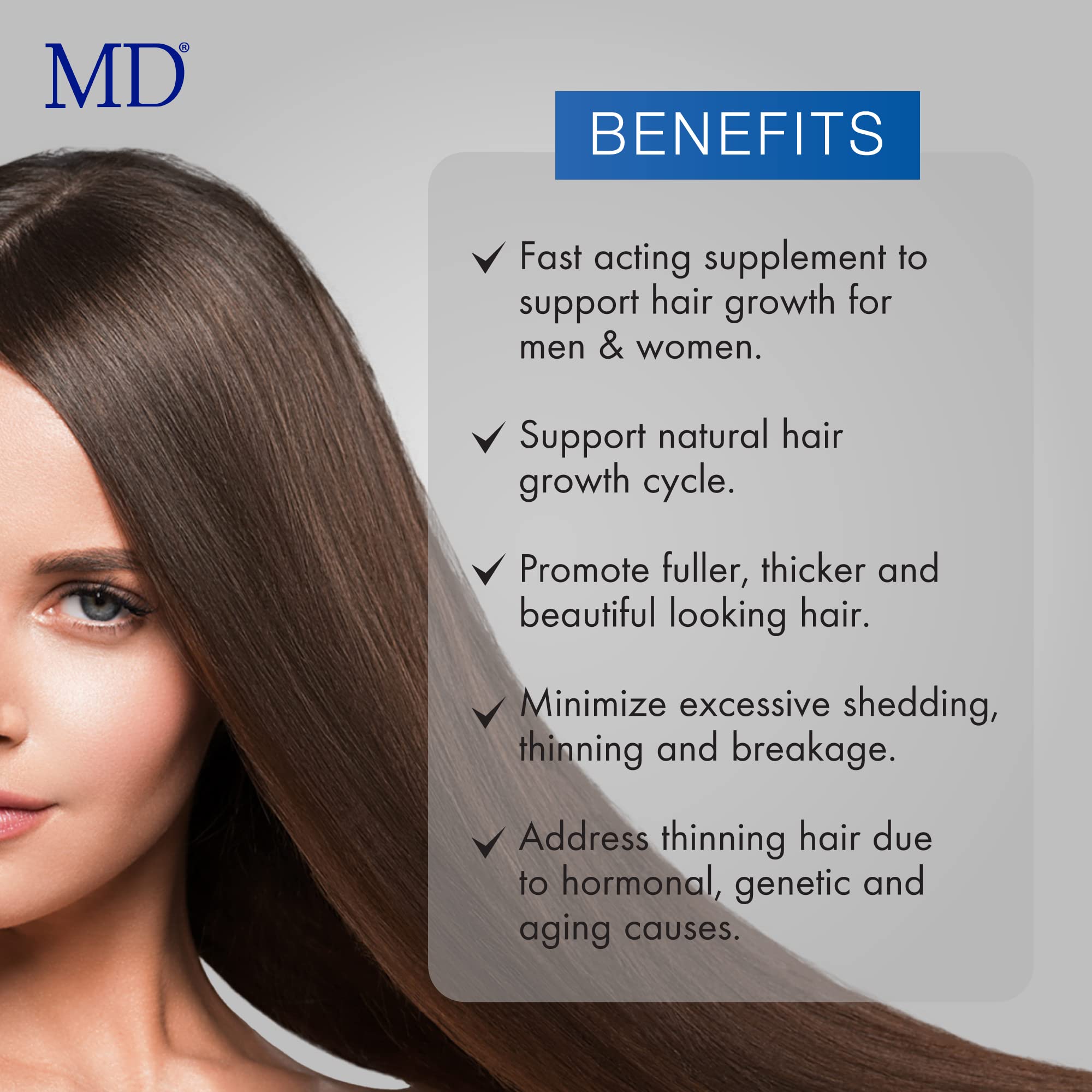 MD Nutri Hair bottle label details non-drug, hormone-free design for daily use