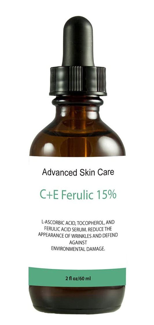 MD3 Advanced Skincare CE Ferulic Serum bottle showing 2 oz size and antioxidant formula for brightening