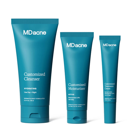 MDacne retinol cream tube close-up highlighting texture improvement.