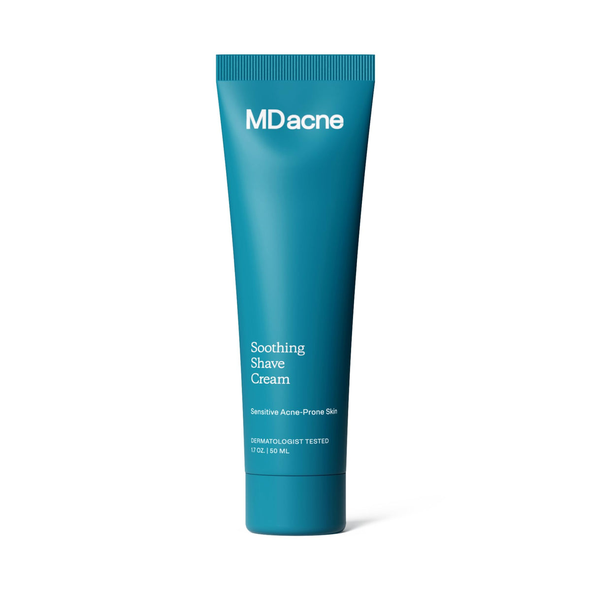 MDacne Shaving Cream bottle-front showing soothing, oil-free formula for acne-prone skin