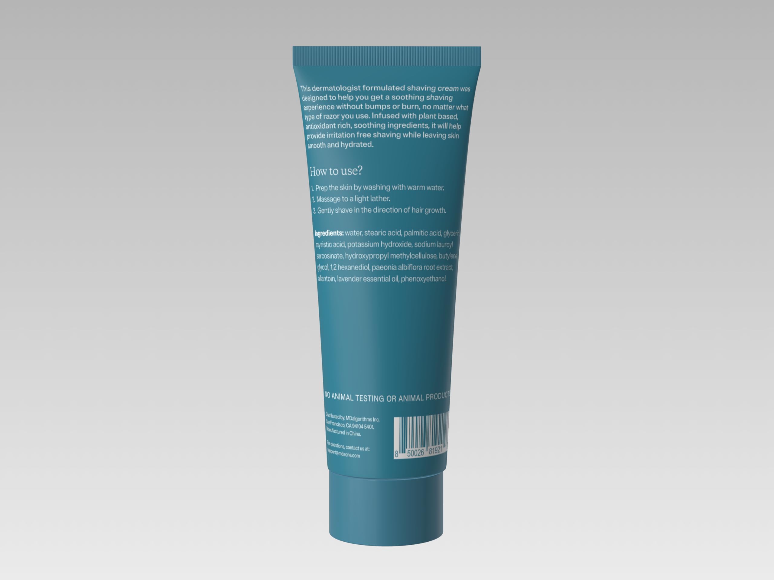 MDacne Shaving Cream label close-up emphasizes vegan and cruelty-free credentials