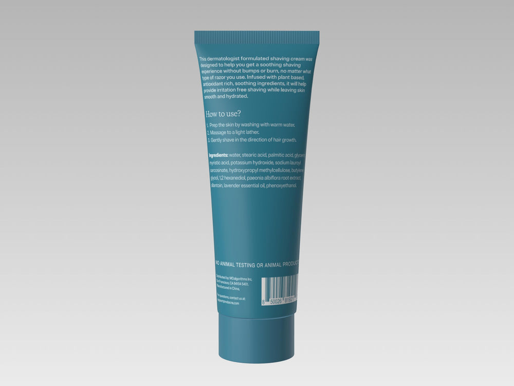 MDacne Shaving Cream label close-up emphasizes vegan and cruelty-free credentials