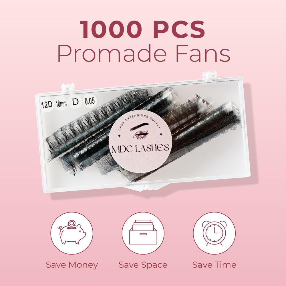 MDC LASHES Promade fans at 12mm length for versatile styling options.