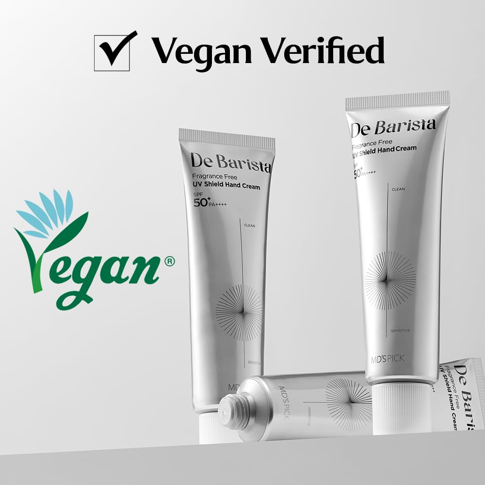 MD'S PICK De Barista Sun Shield Hand Cream SPF50+ fragrance-free for sensitive skin.