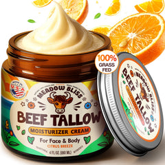 Meadow Bliss beef tallow face cream jar highlights rich texture for deep moisturizing.