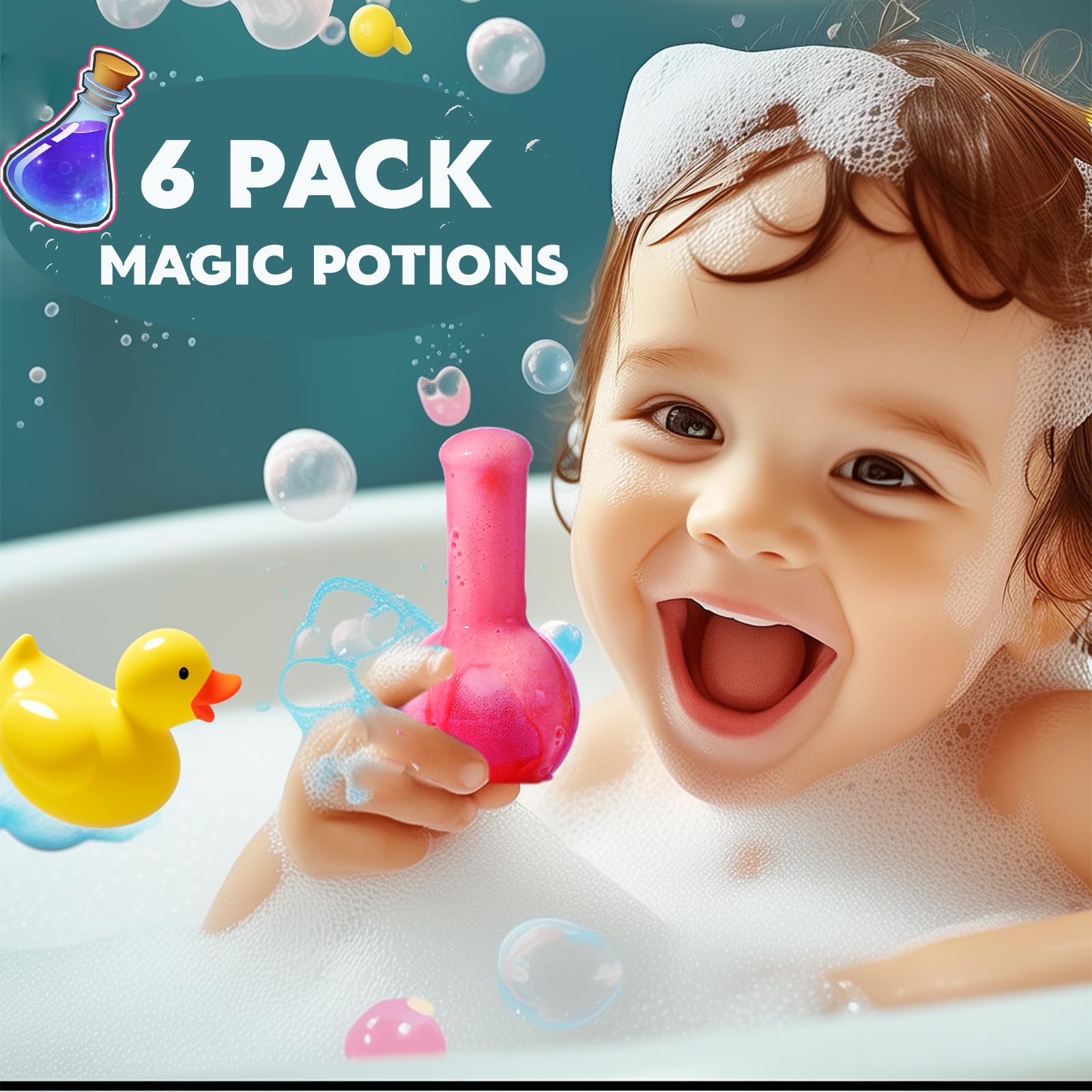 MeCids potion bottle pour reveals vibrant colors and foamy action during bath play.