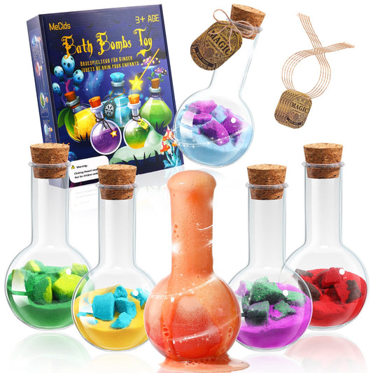 MeCids Magic Potion Bubble Bath Bombs create colorful bubbles for kids' bath time.