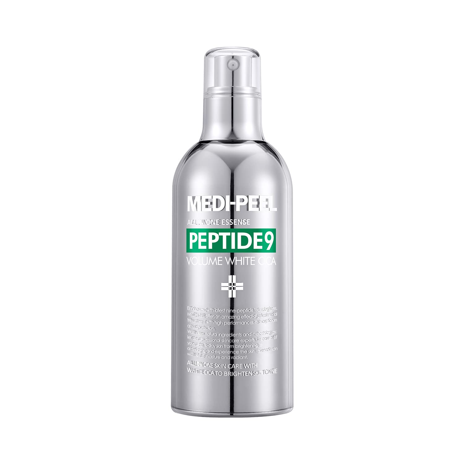 MEDI-PEEL Peptide 9 Volume White Cica Essence bottle for smooth, brightening experience.