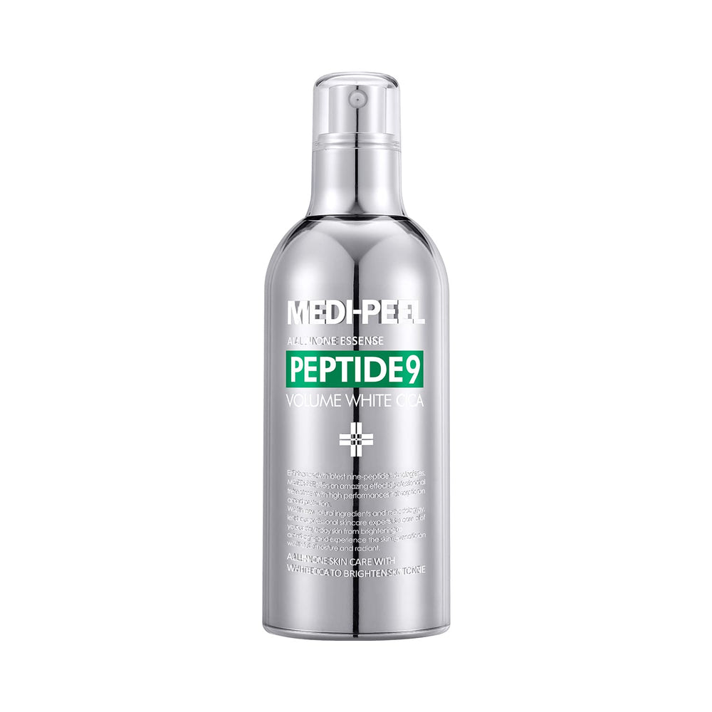 MEDI-PEEL Peptide 9 Volume White Cica Essence bottle for smooth, brightening experience.