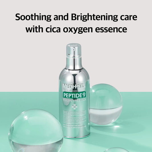 MEDI-PEEL Peptide 9 Volume White Cica Essence bubble texture refreshing, even skin tone.