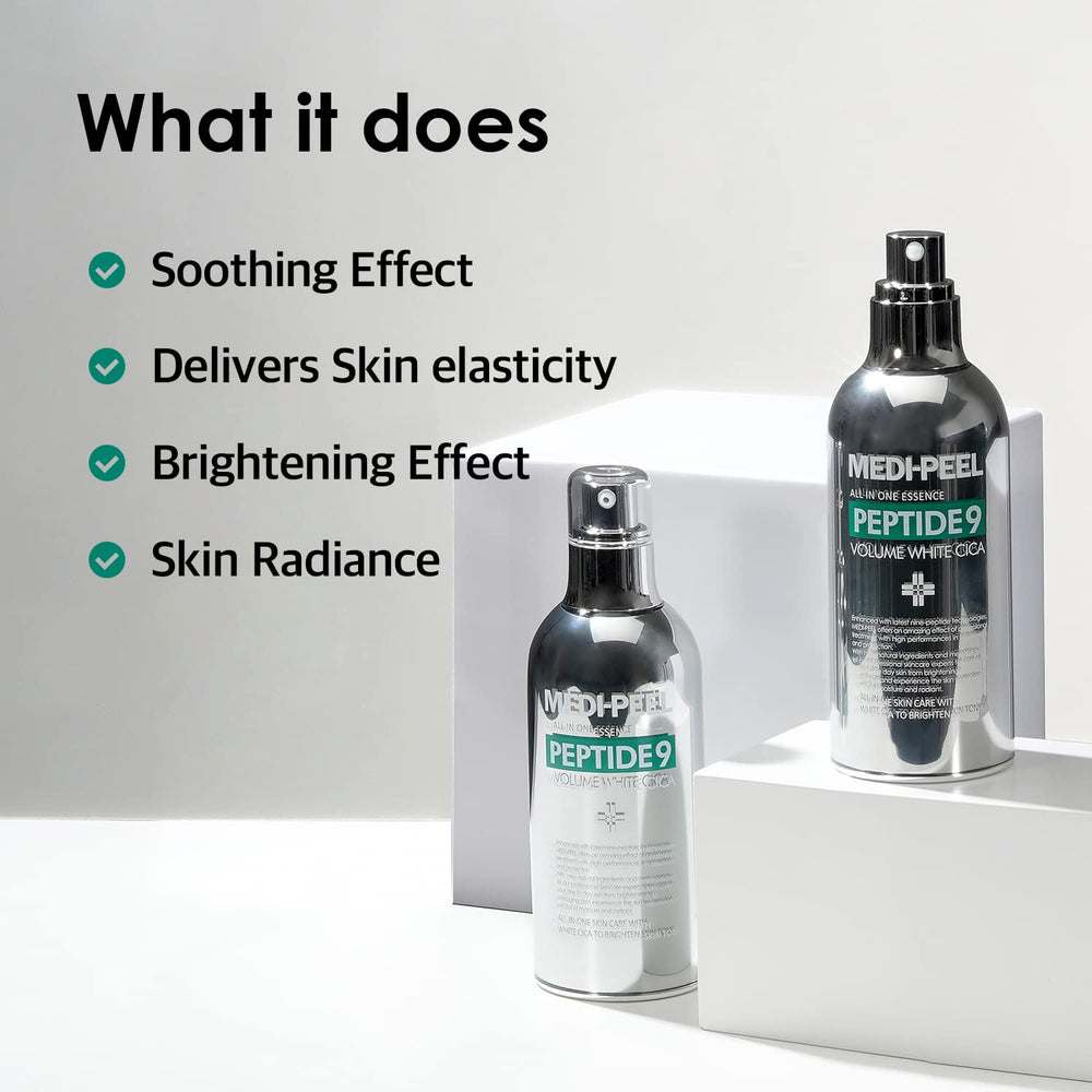 MEDI-PEEL Peptide 9 Volume White Cica Essence with pump for easy, clean dispensation.