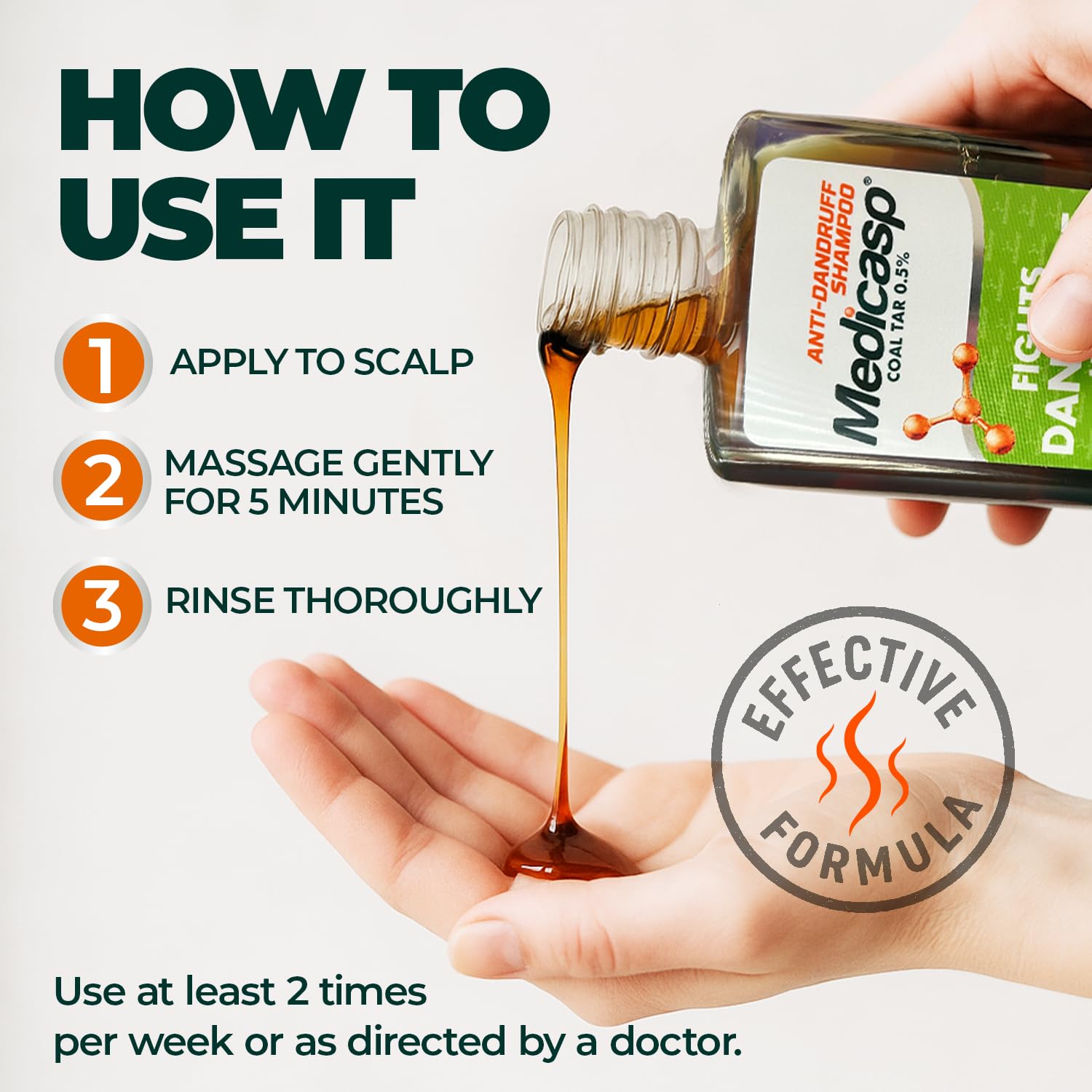 Medicasp shampoo on bathroom counter with clean, hydrated scalp concept.