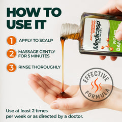 Medicasp shampoo on bathroom counter with clean, hydrated scalp concept.