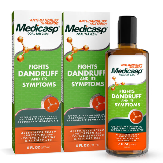 Medicasp coal tar shampoo bottle ready for dandruff relief from first wash.